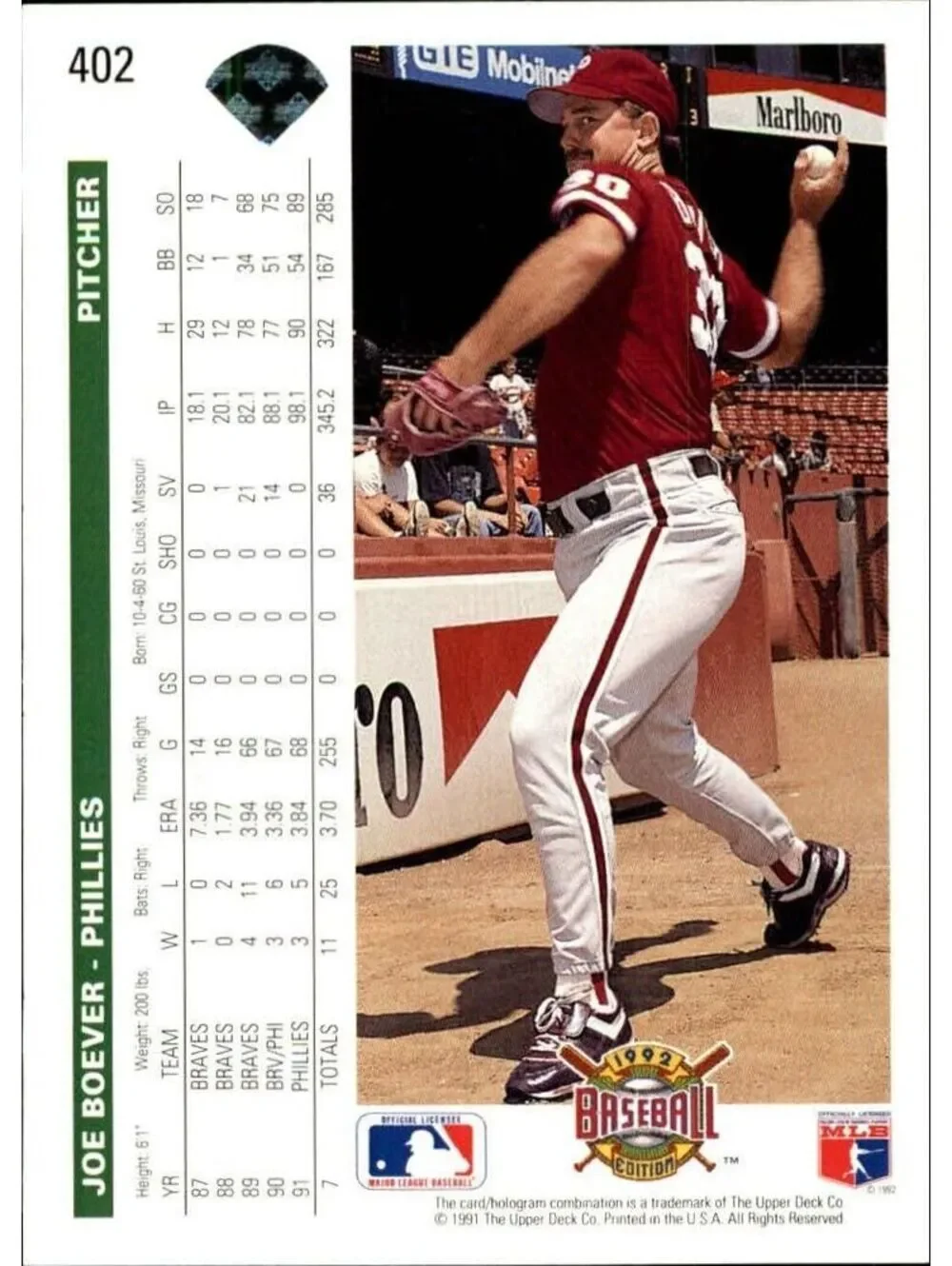 Joe Boever 1992 Upper Deck MLB #402 Baseball Card Philadelphia Phillies